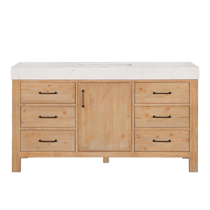 León 60in. Free-standing Single Bathroom Vanity in Fir Wood Brown with Composite top in Lightning White