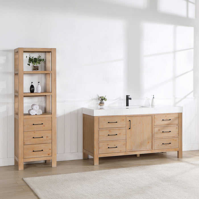 León 60in. Free-standing Single Bathroom Vanity in Fir Wood Brown with Composite top in Lightning White