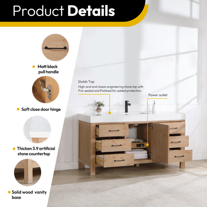 León 60in. Free-standing Single Bathroom Vanity in Fir Wood Brown with Composite top in Lightning White