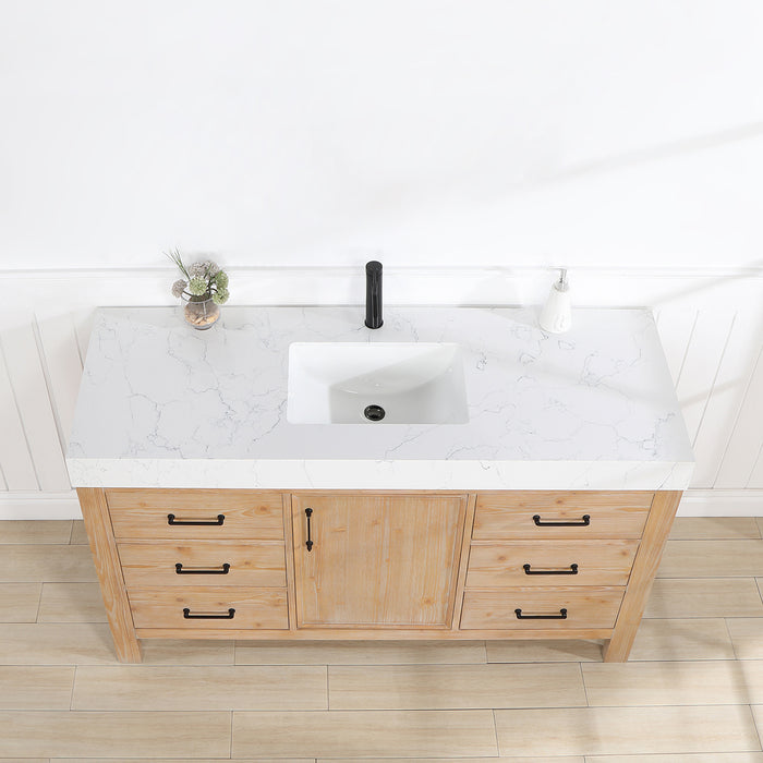 León 60in. Free-standing Single Bathroom Vanity in Fir Wood Brown with Composite top in Lightning White