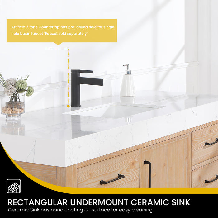 León 60in. Free-standing Single Bathroom Vanity in Fir Wood Brown with Composite top in Lightning White