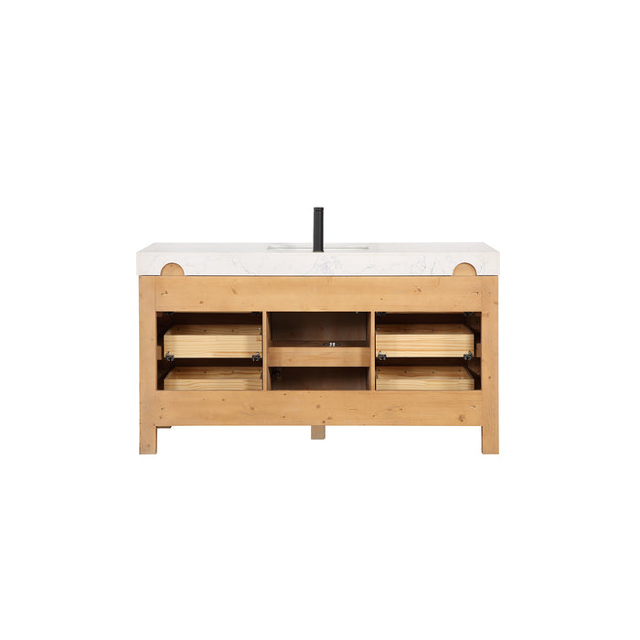 60 Inch Valor Vanity – Single Sink Brown Cabinet with Lightning White Stone Top & Soft-Close Drawers