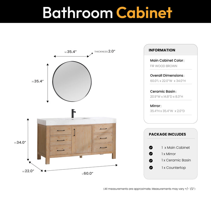 60 Inch Valor Vanity – Single Sink Brown Cabinet with Lightning White Stone Top & Soft-Close Drawers