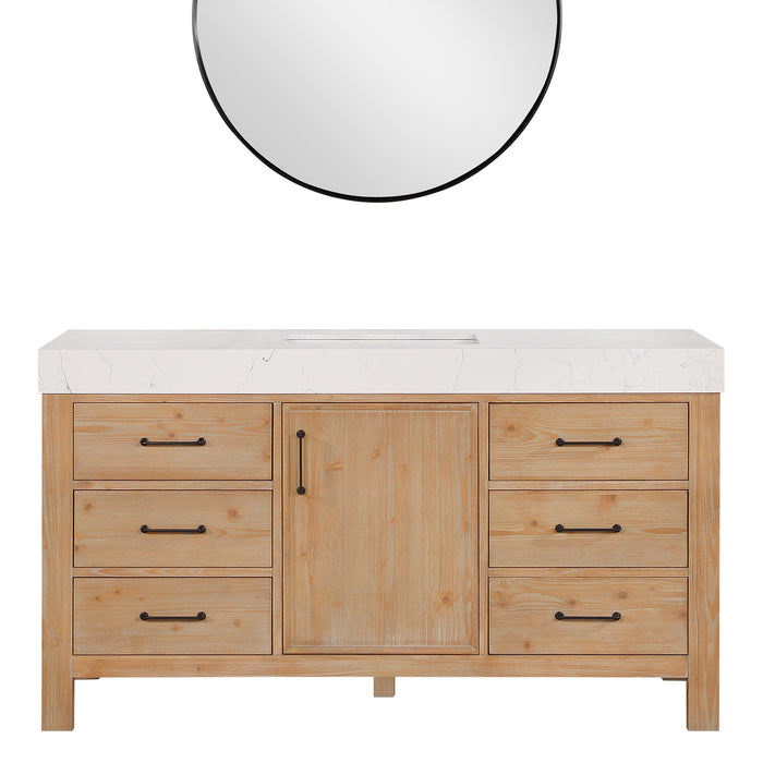 60 Inch Valor Vanity – Single Sink Brown Cabinet with Lightning White Stone Top & Soft-Close Drawers