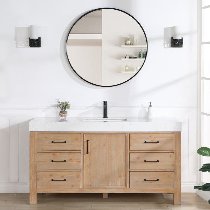60 Inch Valor Vanity – Single Sink Brown Cabinet with Lightning White Stone Top & Soft-Close Drawers