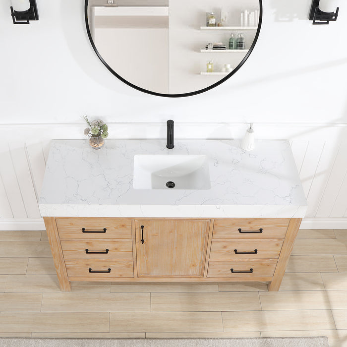60 Inch Valor Vanity – Single Sink Brown Cabinet with Lightning White Stone Top & Soft-Close Drawers