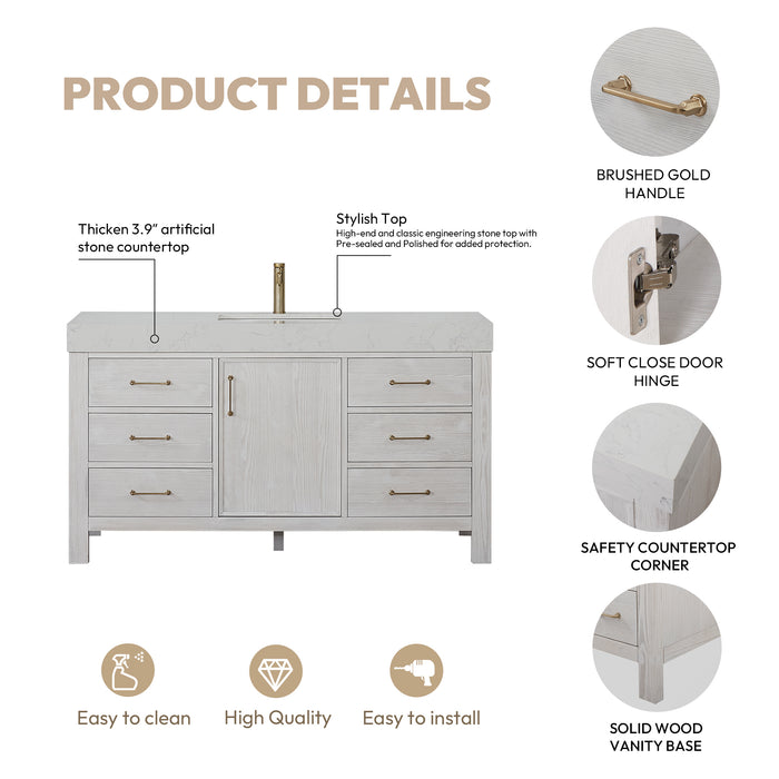 60-Inch Vanora Freestanding Bathroom Vanity – Washed White Finish with Lightning White Composite Sink Top