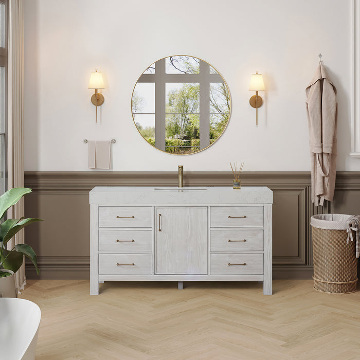 60-Inch Vanora Freestanding Bathroom Vanity – Washed White Finish with Lightning White Composite Sink Top