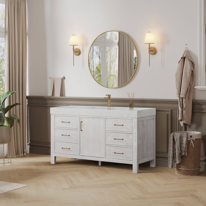 60-Inch Turquoise Freestanding Bathroom Vanity – Minimalist White Cabinet with Lightning White Top and Matching Mirror