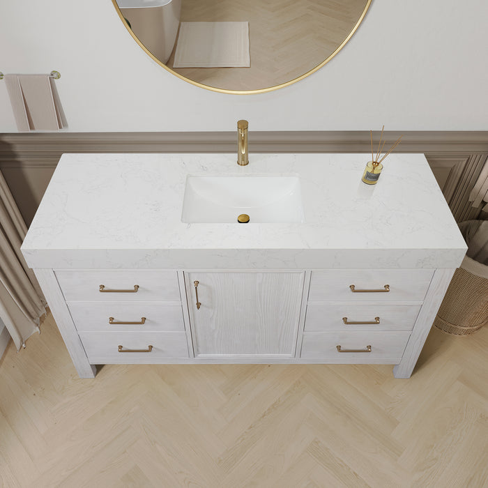 60-Inch Turquoise Freestanding Bathroom Vanity – Minimalist White Cabinet with Lightning White Top and Matching Mirror