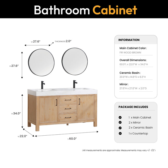 60-Inch Targaryen Bathroom Vanity Set – Freestanding Double Sink Cabinet in Brown Fir Wood with Mirror