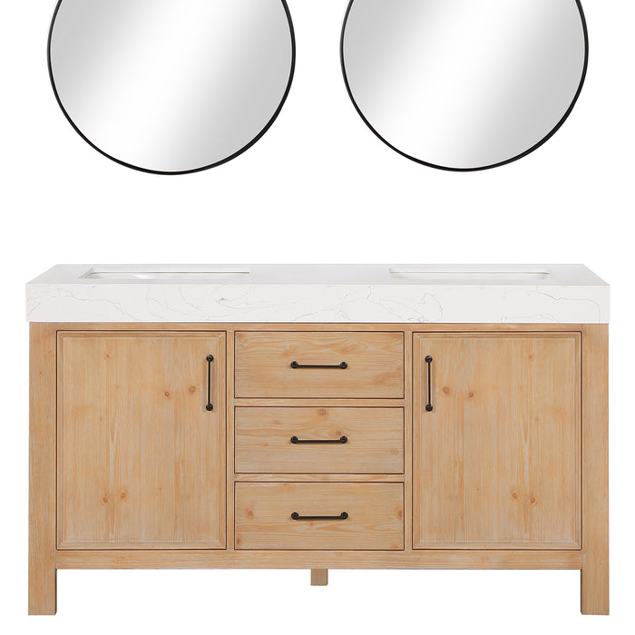 60-Inch Targaryen Bathroom Vanity Set – Freestanding Double Sink Cabinet in Brown Fir Wood with Mirror