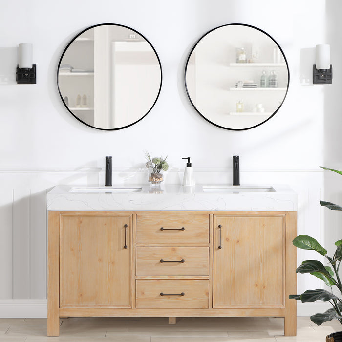 60-Inch Targaryen Bathroom Vanity Set – Freestanding Double Sink Cabinet in Brown Fir Wood with Mirror