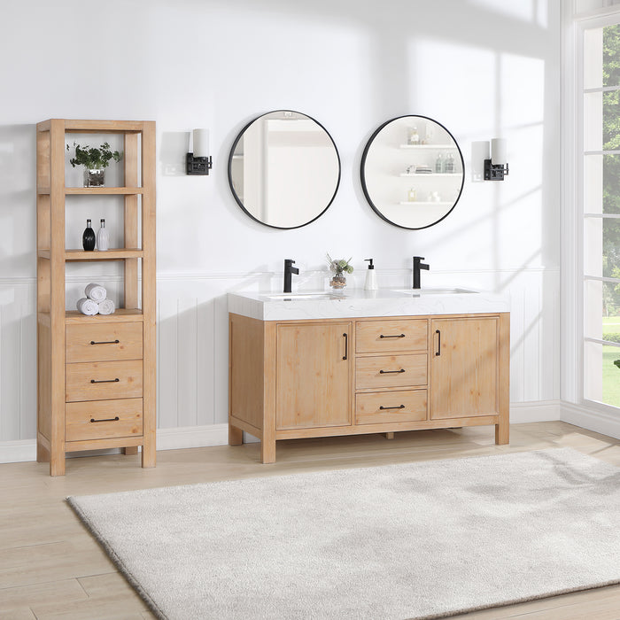 60-Inch Targaryen Bathroom Vanity Set – Freestanding Double Sink Cabinet in Brown Fir Wood with Mirror