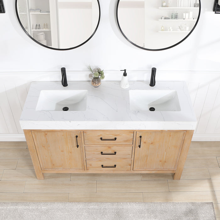60-Inch Targaryen Bathroom Vanity Set – Freestanding Double Sink Cabinet in Brown Fir Wood with Mirror