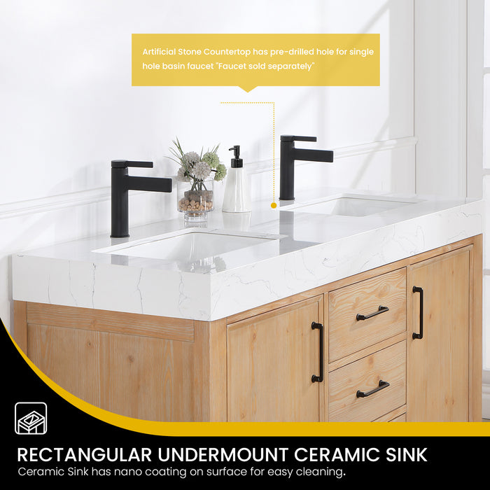 60-Inch Targaryen Bathroom Vanity Set – Freestanding Double Sink Cabinet in Brown Fir Wood with Mirror