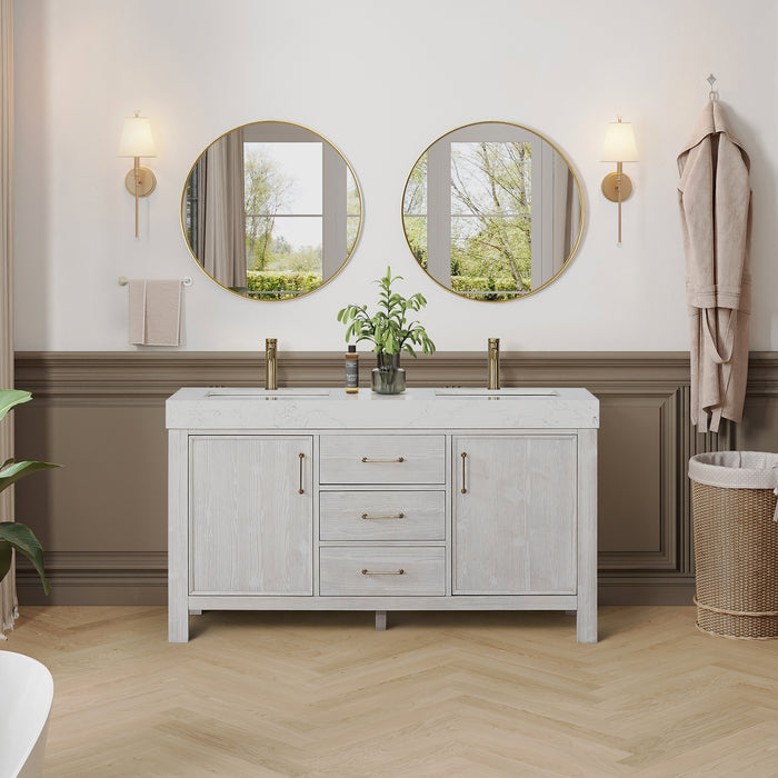 60 Inch Thistle Bathroom Vanity – Washed White Wood Cabinet with Mirror and White Composite Countertop