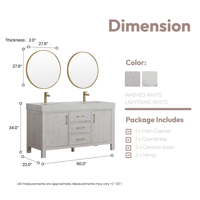 60 Inch Thistle Bathroom Vanity – Washed White Wood Cabinet with Mirror and White Composite Countertop