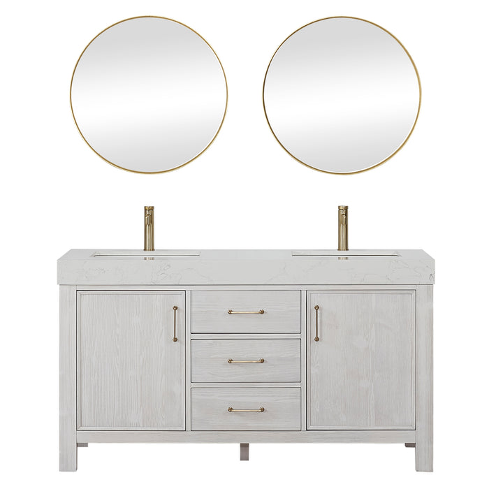 60 Inch Thistle Bathroom Vanity – Washed White Wood Cabinet with Mirror and White Composite Countertop