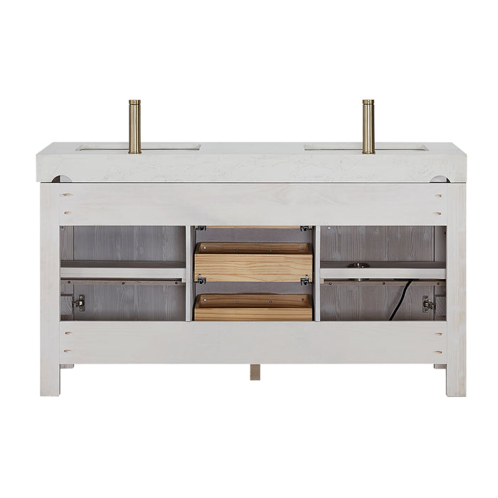 60 Inch Thistle Bathroom Vanity – Washed White Wood Cabinet with Mirror and White Composite Countertop