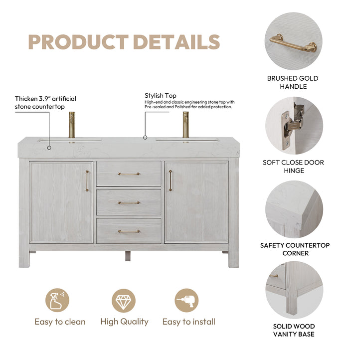 60 Inch Thistle Bathroom Vanity – Washed White Wood Cabinet with Mirror and White Composite Countertop