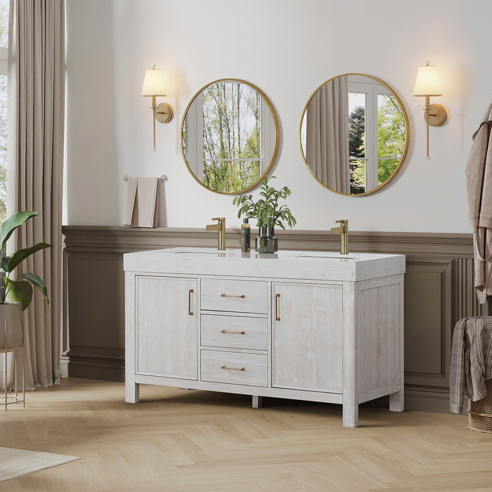 60 Inch Thistle Bathroom Vanity – Washed White Wood Cabinet with Mirror and White Composite Countertop