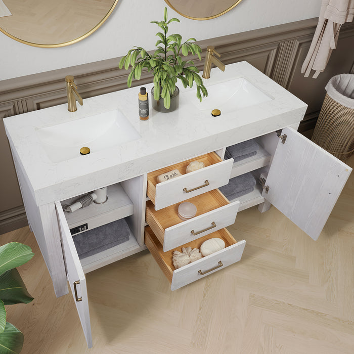 60 Inch Thistle Bathroom Vanity – Washed White Wood Cabinet with Mirror and White Composite Countertop