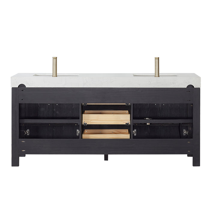 72 Inch Verve Freestanding Double Vanity – Black Wood Cabinet with Lightning White Composite Countertop & Storage