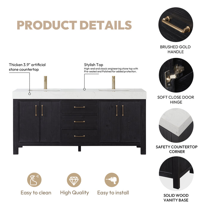 72 Inch Verve Freestanding Double Vanity – Black Wood Cabinet with Lightning White Composite Countertop & Storage