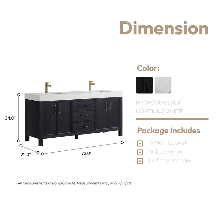 72 Inch Verve Freestanding Double Vanity – Black Wood Cabinet with Lightning White Composite Countertop & Storage
