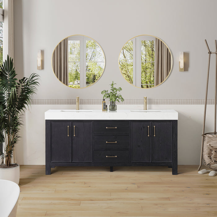 72 Inch Verve Freestanding Double Vanity – Black Wood Cabinet with Lightning White Composite Countertop & Storage