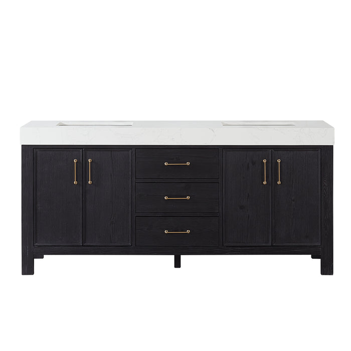 72 Inch Verve Freestanding Double Vanity – Black Wood Cabinet with Lightning White Composite Countertop & Storage
