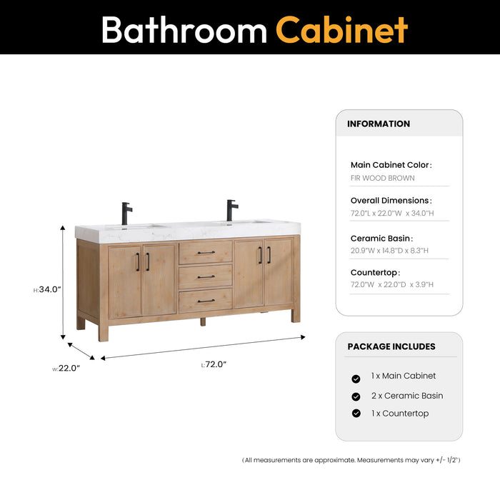 72-Inch Valencia Double Sink Vanity – Freestanding Brown Fir Cabinet with Lightning White Stone Surface