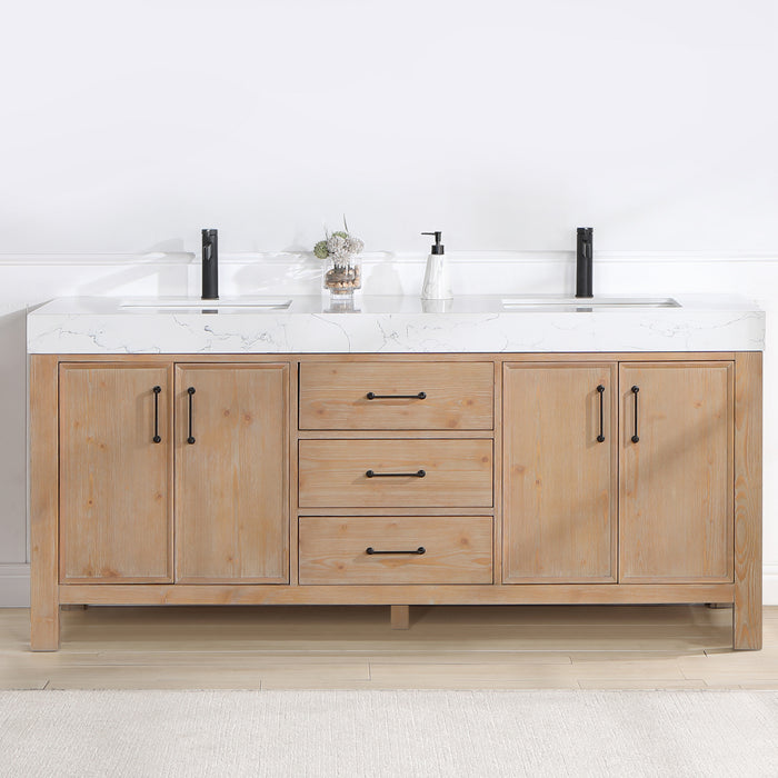 72-Inch Valencia Double Sink Vanity – Freestanding Brown Fir Cabinet with Lightning White Stone Surface