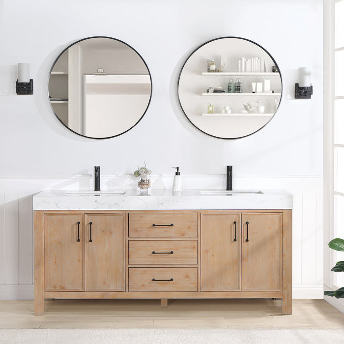 72 Inch Vesper Double Sink Bathroom Vanity – Fir Wood Brown Cabinet with White Countertop and Mirror Included