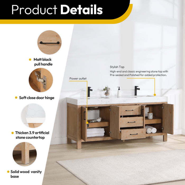 72 Inch Vesper Double Sink Bathroom Vanity – Fir Wood Brown Cabinet with White Countertop and Mirror Included
