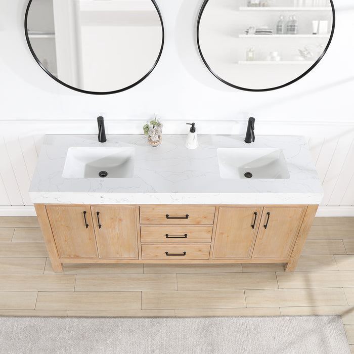 72 Inch Vesper Double Sink Bathroom Vanity – Fir Wood Brown Cabinet with White Countertop and Mirror Included