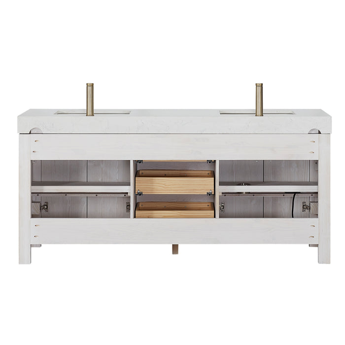 72-Inch Varnish Freestanding Vanity – Washed White Wood Double Sink Cabinet with Lightning White Composite Surface