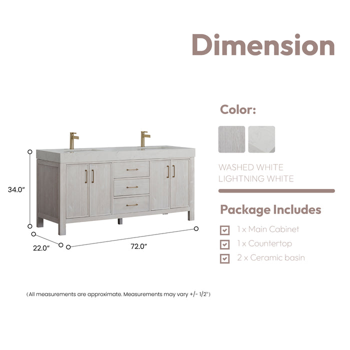 72-Inch Varnish Freestanding Vanity – Washed White Wood Double Sink Cabinet with Lightning White Composite Surface