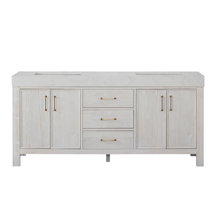 72-Inch Varnish Freestanding Vanity – Washed White Wood Double Sink Cabinet with Lightning White Composite Surface