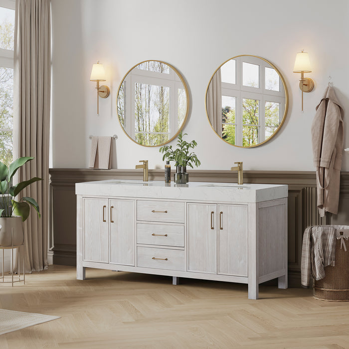 72-Inch Varnish Freestanding Vanity – Washed White Wood Double Sink Cabinet with Lightning White Composite Surface