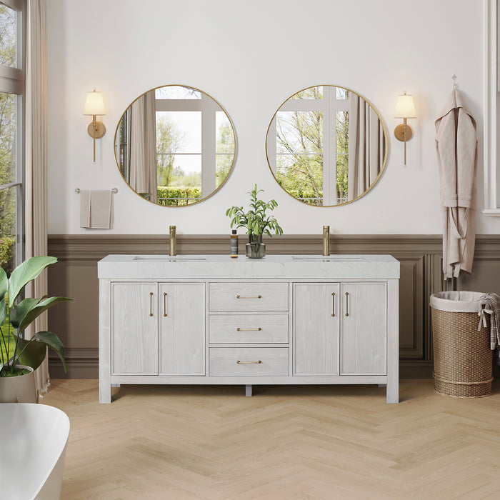 León 72in. Free-standing Double Bathroom Vanity in Washed White with Composite top in Lightning White and Mirror