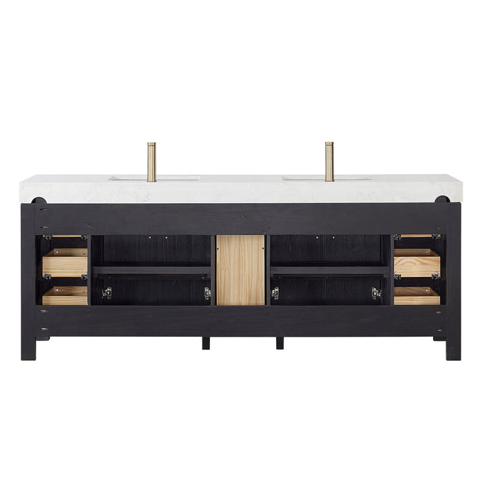84-Inch Vireo Double Sink Vanity Set – Matte Black Freestanding Cabinet with White Countertop and Mirror