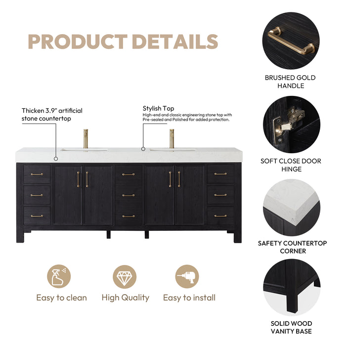 84-Inch Vireo Double Sink Vanity Set – Matte Black Freestanding Cabinet with White Countertop and Mirror