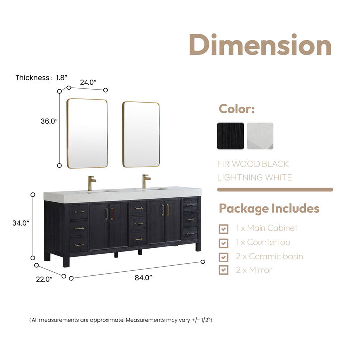 84-Inch Vireo Double Sink Vanity Set – Matte Black Freestanding Cabinet with White Countertop and Mirror