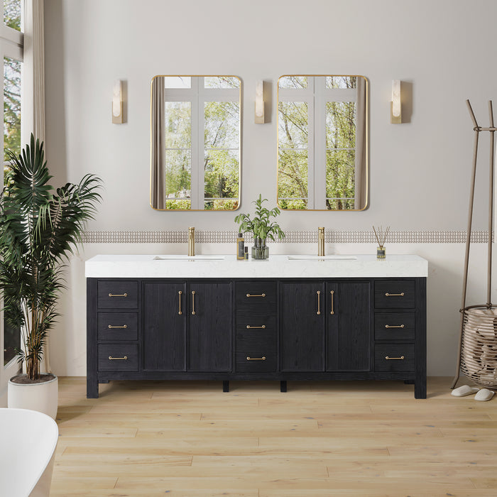 84-Inch Vireo Double Sink Vanity Set – Matte Black Freestanding Cabinet with White Countertop and Mirror
