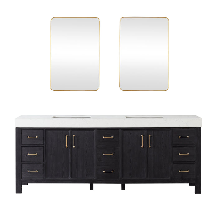 84-Inch Vireo Double Sink Vanity Set – Matte Black Freestanding Cabinet with White Countertop and Mirror