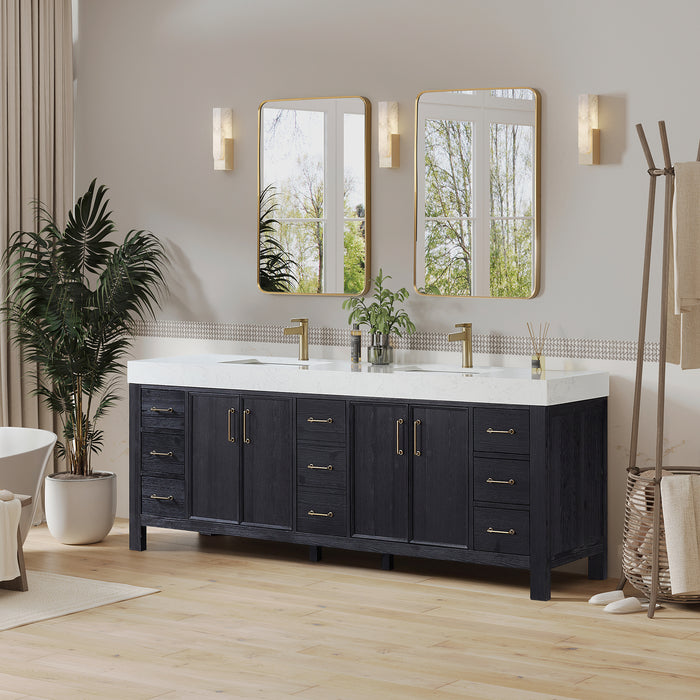 84-Inch Vireo Double Sink Vanity Set – Matte Black Freestanding Cabinet with White Countertop and Mirror