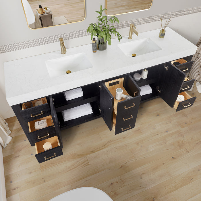 84-Inch Vireo Double Sink Vanity Set – Matte Black Freestanding Cabinet with White Countertop and Mirror
