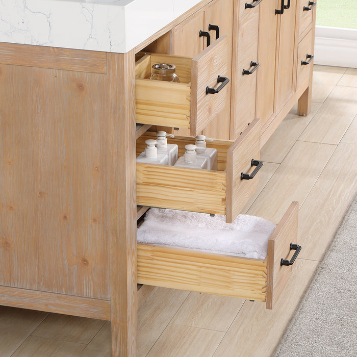 84 Inch Vortex Double Bathroom Vanity – Fir Wood Cabinet with Dual Sinks and Lightning White Composite Surface